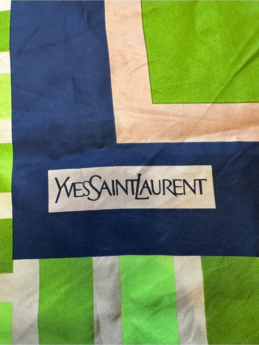 Yves Saint Laurent Lime, Navy & Pink Geometric Silk Scarf